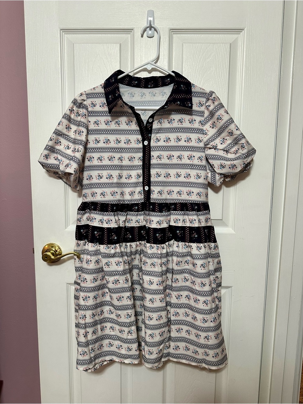 Boutique Dress Large Short Button-Front Floral Stripe Dress in Cream&Black NWOT